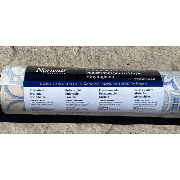 NIP NORWALL Prepasted WALLPAPER 56 SqFt MOROCCAN TILES KE29950 Blue White Vinyl - Picture 3 of 5